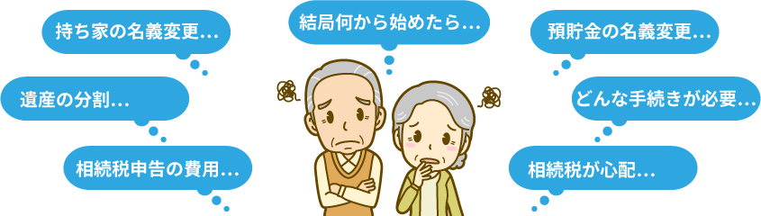 持ち家の名義変更…、遺産の分割…、相続税申告の費用…、預貯金の名義変更…、どんな手続きが必要…、相続税が心配…結局何から始めたら…